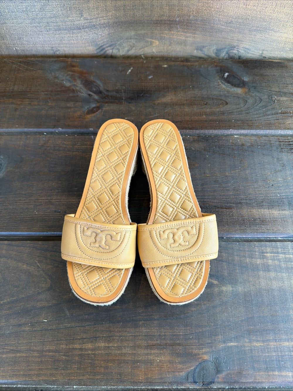 Tory Burch Fleming Low Heel Tan Leather Espadrille Sandals Slides Women Sz 7.5 M